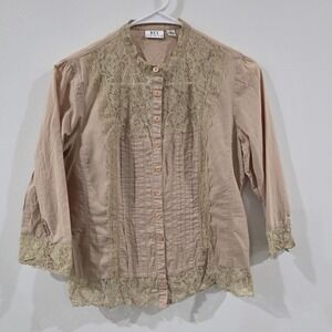Womens Button Up Top Size Small Tan Fairy Ren Faire Victorian Pleated Lace